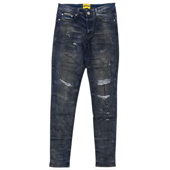 GFTD LA Los Angeles Men's Skinny Fit Jeans Vintage Oil Wash Distressed Rip Denim - Picture 1 of 4